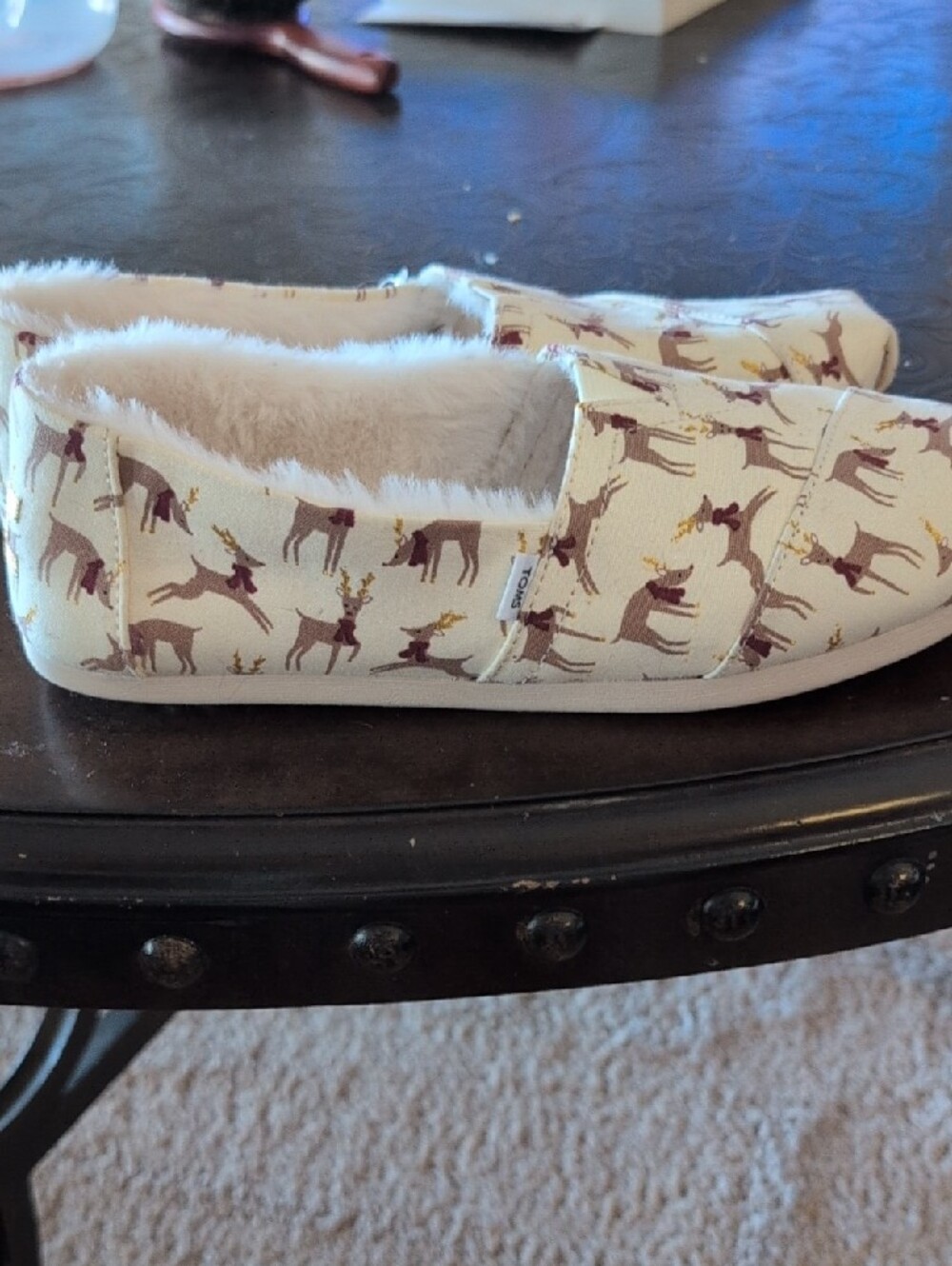 TOMS Womens Cream Reindeer Print Slip-Ons - Picture 2 of 5